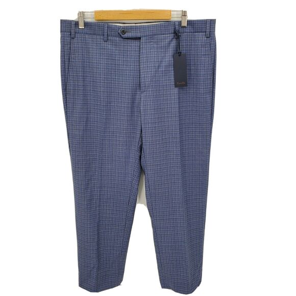New Zanella Devon Flat Front Wool Serge Trouser Dress Pants Blue Plaid Size 36 - Picture 1 of 4